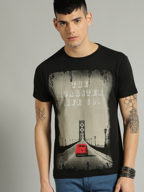 

Roadster Men Black Printed Round Neck T-shirt