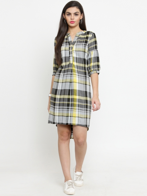 

Latin Quarters Women Black & Yellow Checked Shirt Dress