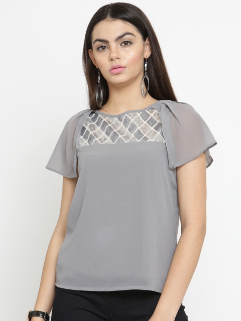 

Latin Quarters Women Grey Solid Semi-Sheer Top