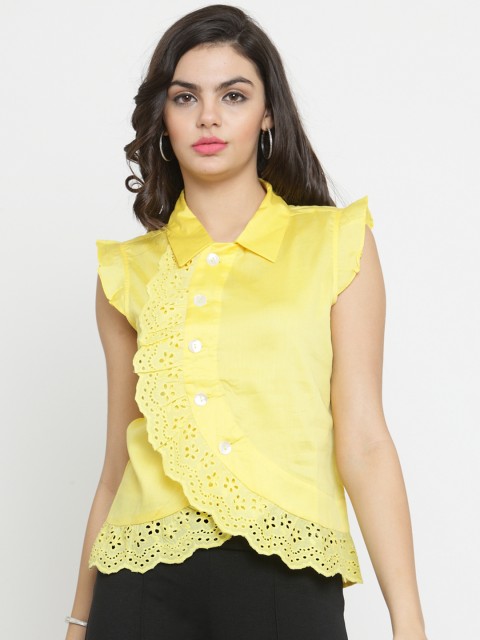 

Latin Quarters Women Yellow Schiffli Shirt Style Top
