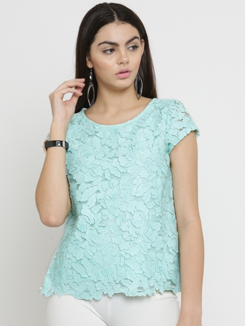 

Latin Quarters Women Turquoise Blue Self Design Styled Back Top
