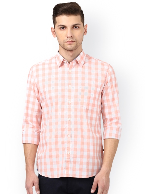 

Parx Men Peach-Coloured & White Slim Fit Checked Casual Shirt