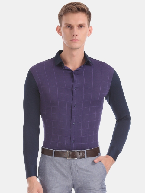 

Arrow New York Men Purple & Navy Blue Super Slim Fit Checked Formal Shirt