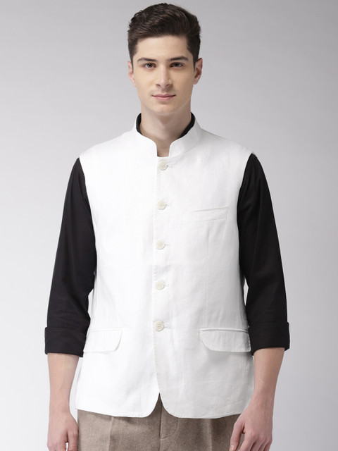 

Arrow Men White Woven Design Linen Body Tailored Fit Nehru Jacket