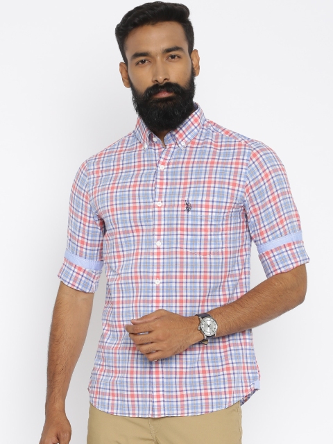

U.S. Polo Assn. Men Blue & White Checked Tailored Fit Casual Shirt