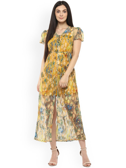 

WoowZerz Women Yellow Printed Fit and Flare Dress