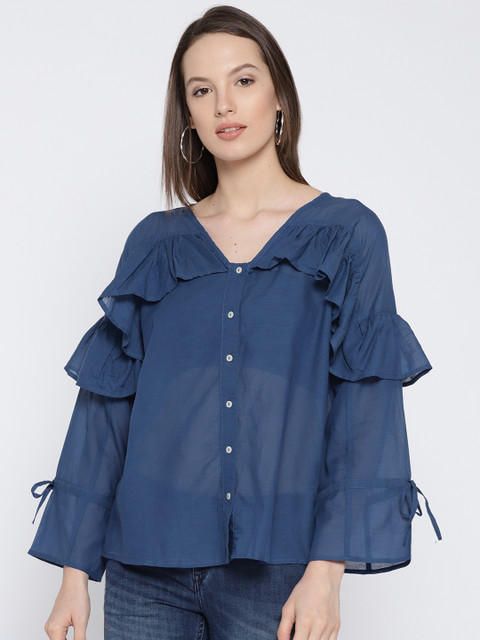 

Lee Cooper Women Blue Solid Semi-Sheer Shirt Style Top