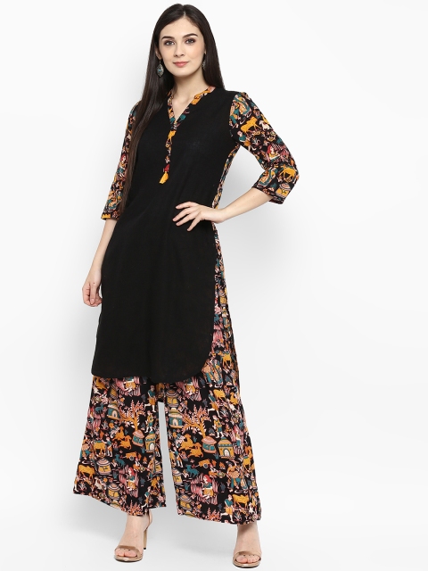 

Juniper Women Black & Yellow Printed A-Line Kurta