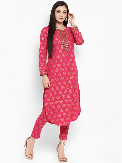 

Juniper Women Pink & Gold-Toned Woven Design Straight Kurta