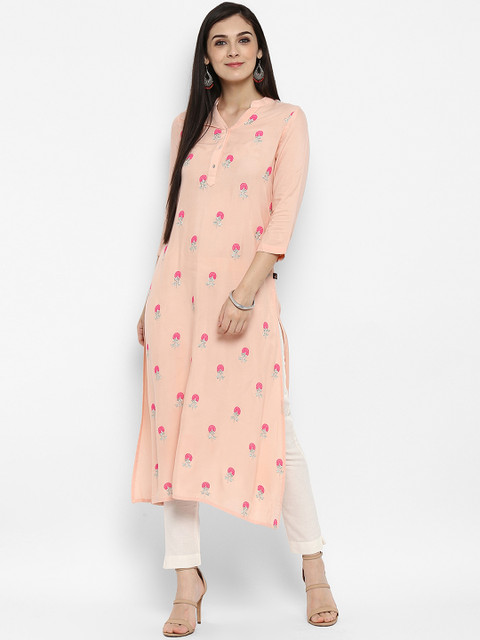 

Juniper Women Peach-Coloured Embroidered Straight Kurta