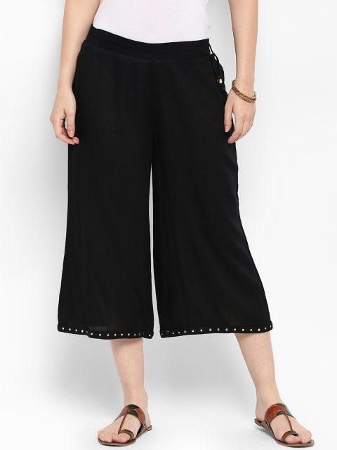 

Juniper Black Rayon Cullotes With Mirror Work & Tie Up Tassels