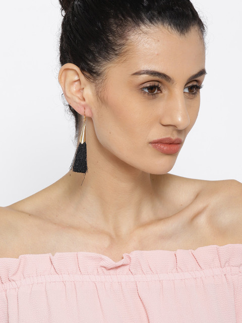 

OOMPH Black Gold-Plated Tasselled Contemporary Drop Earrings