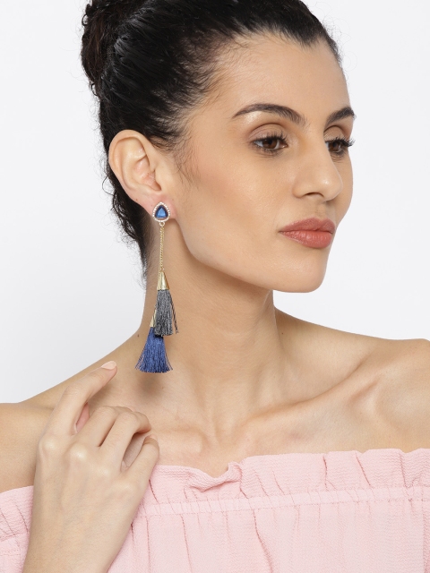 

OOMPH Navy Blue & Grey Gold-Plated Tasselled Contemporary Drop Earrings