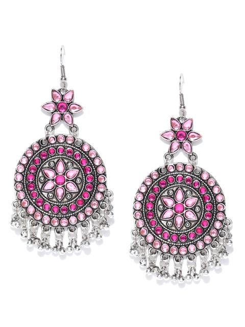 

Crunchy Fashion Pink Oxidised Silver-Plated Stone-Studded Circular Drop Earrings