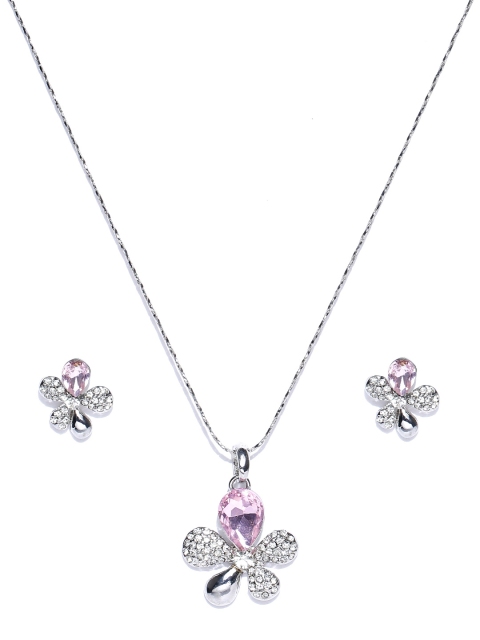

Crunchy Fashion Silver-Toned & Pink Stone-Studded Floral-Shaped Jewellery Set