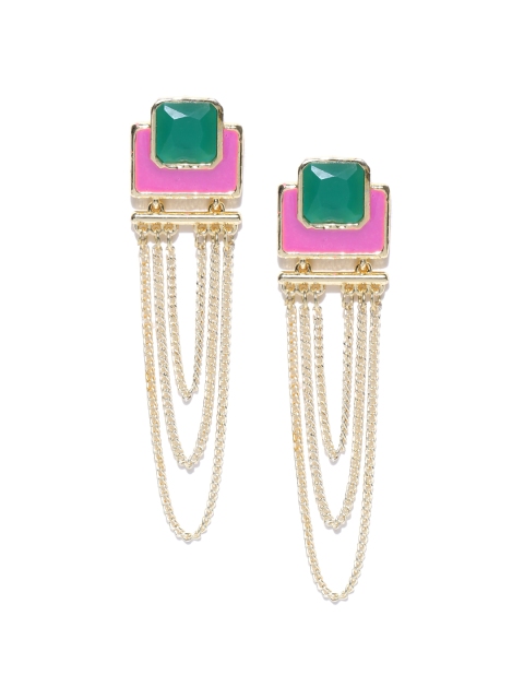 

Crunchy Fashion Gold-Toned & Pink Stone-Studded Geometric Multi-Layered Drop Earrings