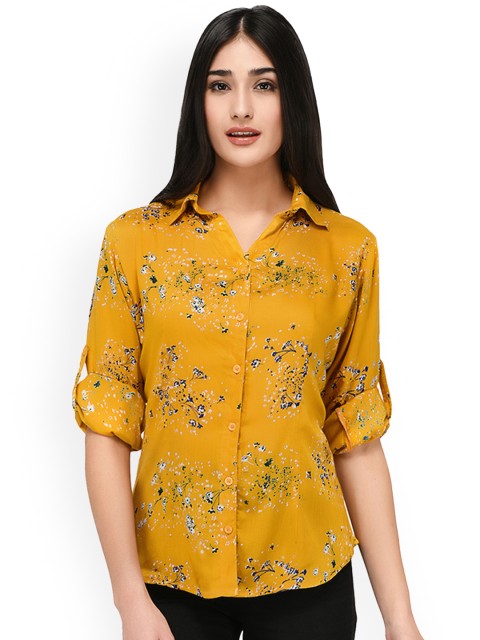 

PURYS Women Yellow Regular Fit Printed Casual Shirt