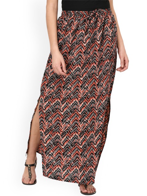 

PURYS Grey & Orange Printed Maxi Skirt