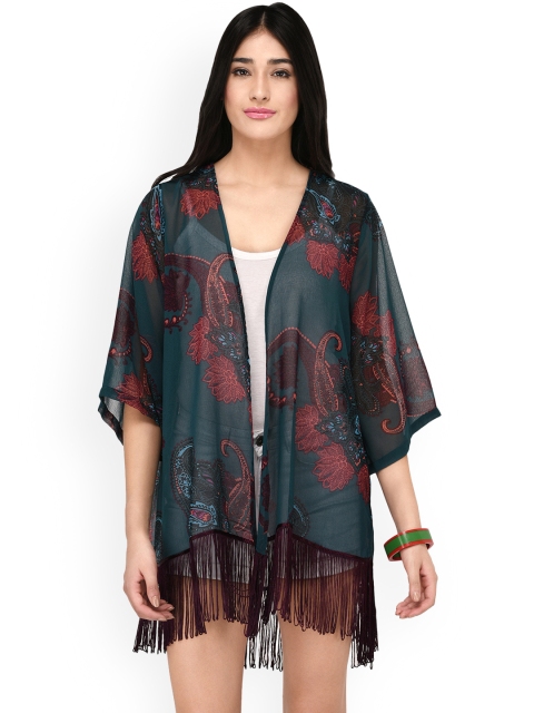 

PURYS Women Teal Green Printed Open Front Shrug