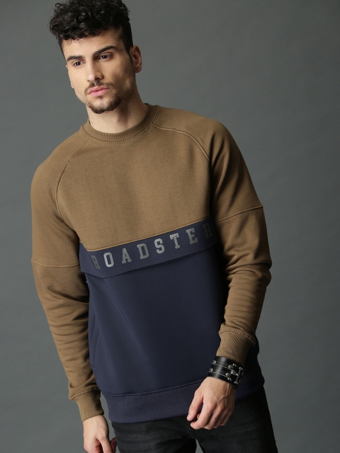 Roadster Men Olive Green & Navy Blue Colourblocked Sweatshirt