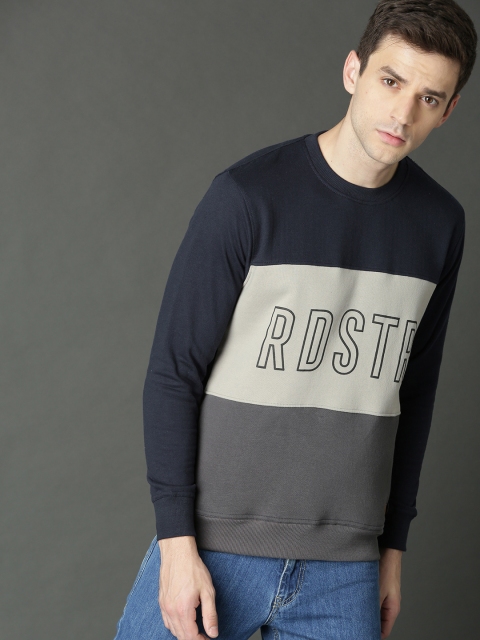 

Roadster Men Navy Blue & Grey Colourblocked Sweatshirt