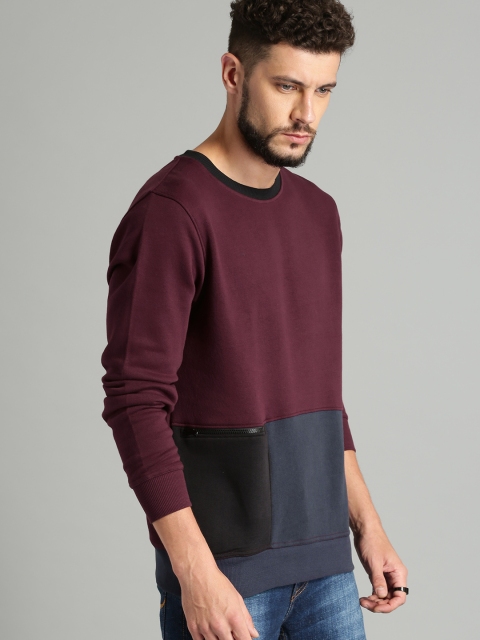 

Roadster Men Burgundy & Navy Blue Colourblocked Sweatshirt