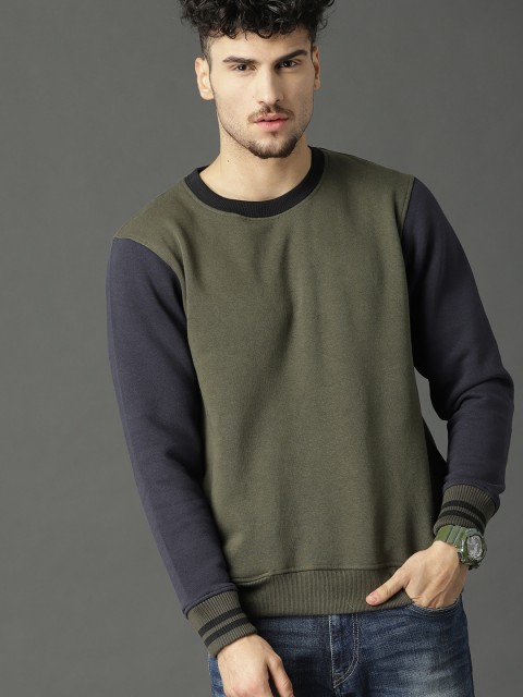 

Roadster Men Olive Green & Navy Blue Solid Sweatshirt