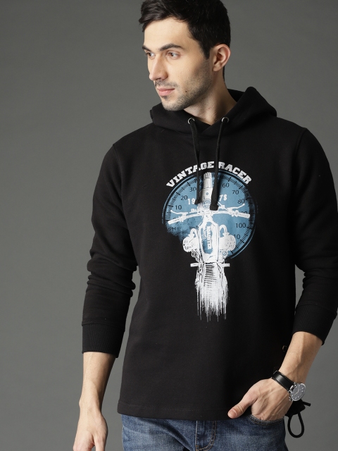 

Roadster Men Black Printed Hooded Sweatshirt