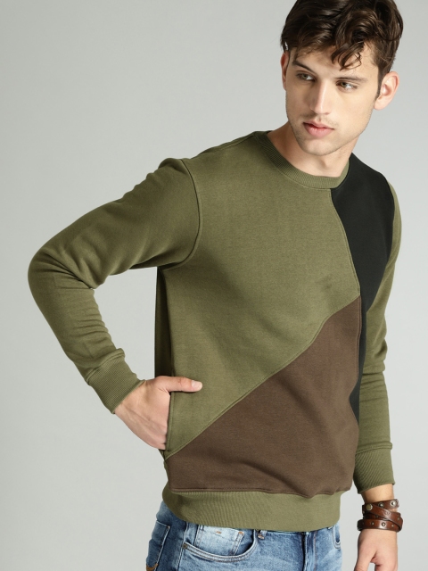 

Roadster Men Olive Green & Black Colourblocked Sweatshirt