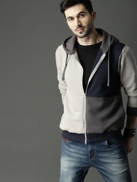 

Roadster Men Grey & Navy Blue Colourblocked Hooded Sweatshirt
