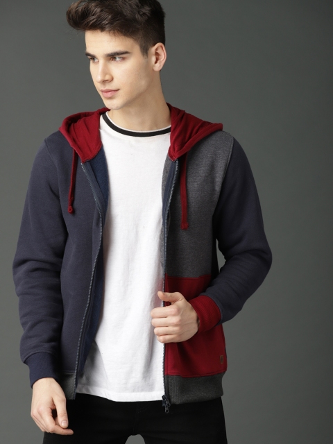 

Roadster Men Navy Blue & Charcoal Grey Colourblocked Hooded Sweatshirt