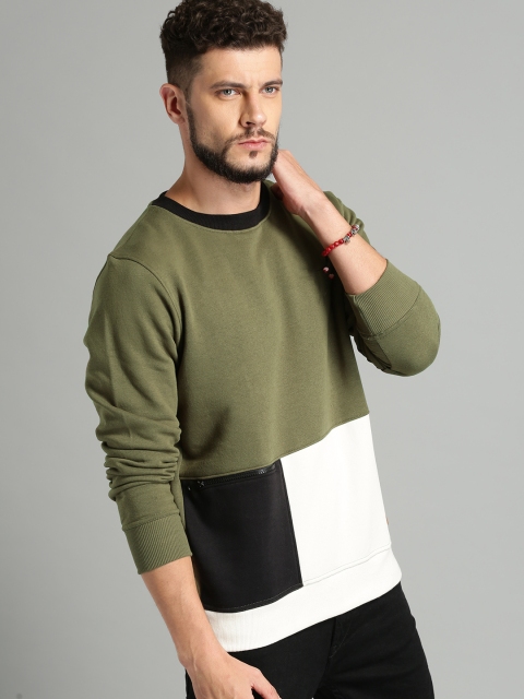 

Roadster Men Olive Green & White Colourblocked Sweatshirt