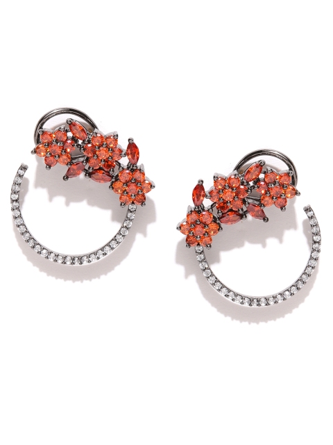 

Zobby Gunmetal-Toned & Rust Orange CZ-Studded Handcrafted Floral Oversized Studs, Metallic