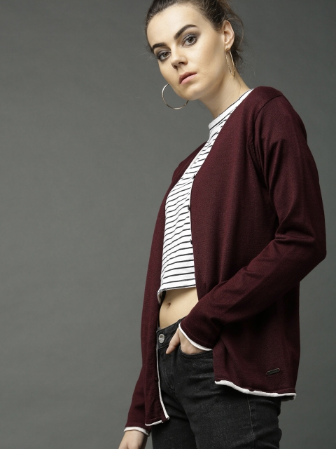 

Roadster Women Burgundy Solid Cardigan