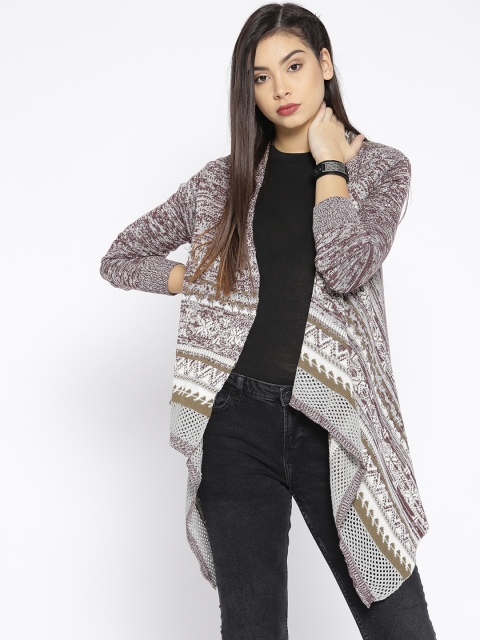 

Roadster Burgundy & Olive Green Self Design Waterfall Shrug