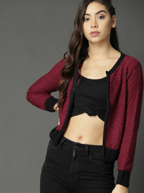 

Roadster Fast and Furious Women Maroon Boucle Cardigan