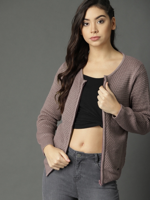 

Roadster Women Mauve Self Design Cardigan