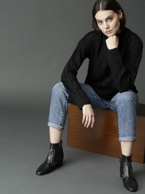 

Roadster Women Black Self Design Pullover