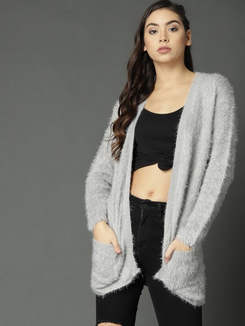 

Roadster Women Grey Solid Fuzzy Front-Open Sweater
