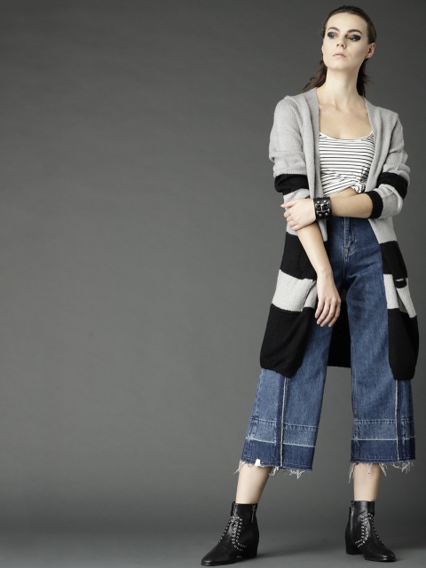 

Roadster Fast and Furious Women Grey & Black Striped Front-Open Sweater