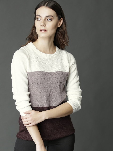 

Roadster Women Off-White & Maroon Colourblocked Sweater