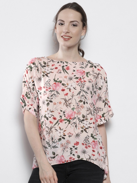 

DOROTHY PERKINS Women Peach-Coloured Floral Print Styled Back Top