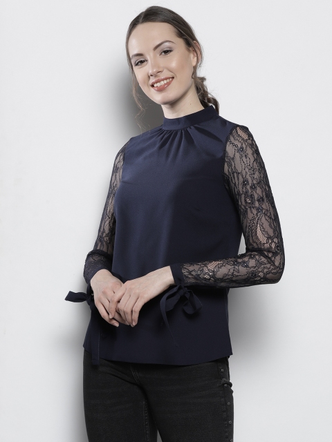 

DOROTHY PERKINS Women Navy Solid Lace Inserts Top, Navy blue