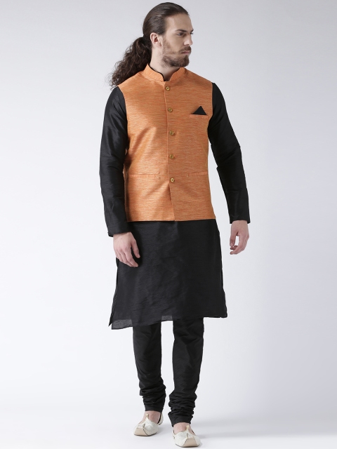 

DEYANN Men Orange & Black Solid Kurta with Pyjamas & Nehru Jacket