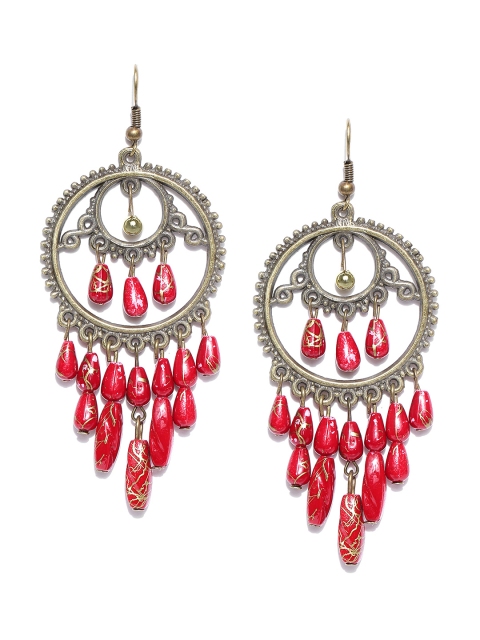 

Crunchy Fashion Antique Gold-Toned & Red Beaded Circular Drop Earrings