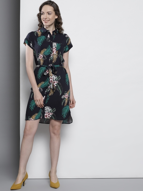 

DOROTHY PERKINS Women Navy Blue & Green Printed Shirt Dress