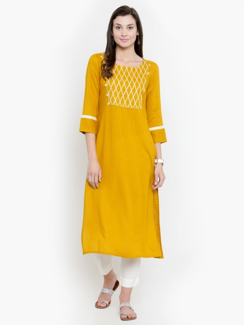 

Varanga Mustard Solid Embroidered Kurta