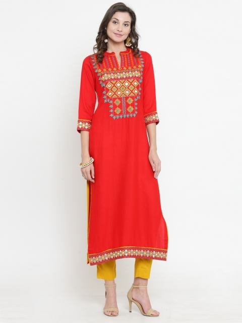 

Varanga Women Red Embroidered Straight Kurta
