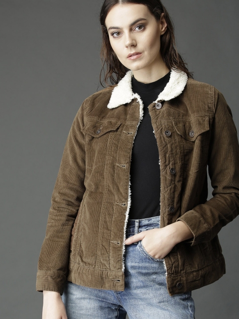 

Roadster Fast and Furious Women Olive Brown Solid Corduroy Jacket
