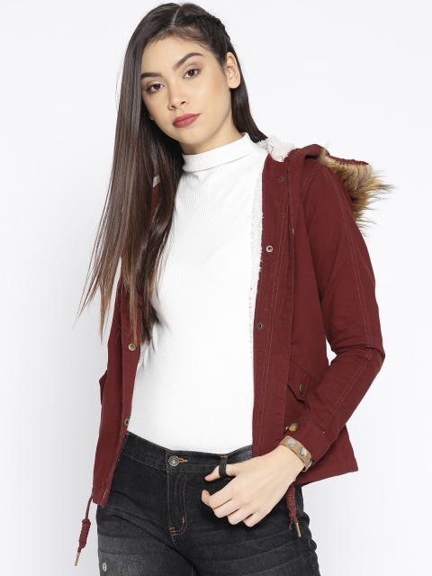 

Roadster Women Maroon Solid Hooded Parka Jacket